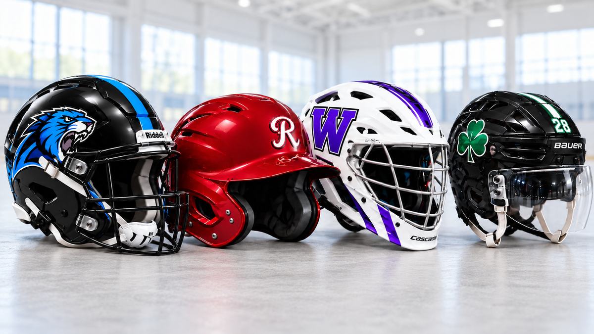 Custom football helmets with team decals in a stadium